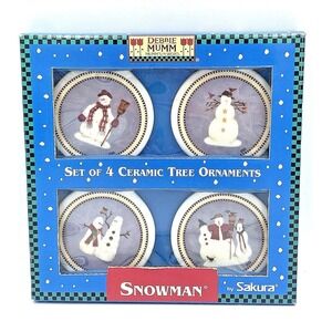 Vtg Debbie Mumm Sakura Snowman Set Of 4 Ceramic Christmas Ornaments‎ NIB